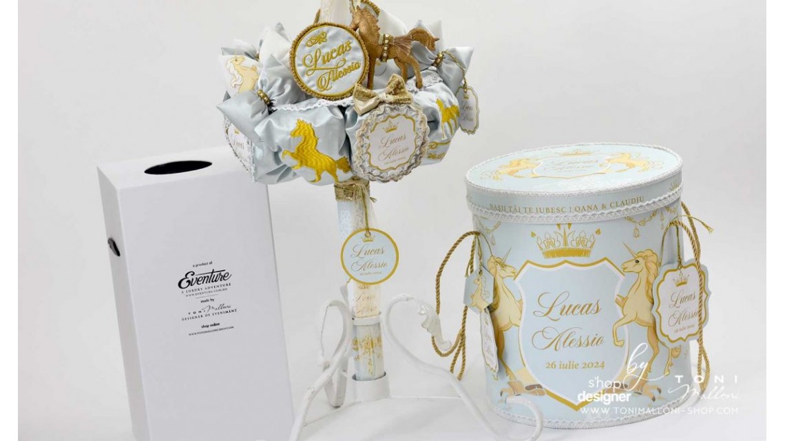 Lumanare botez regala cu broderie personalizata Royal Horse Gold 12